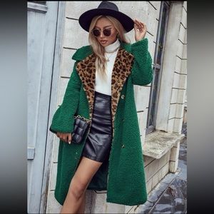 Leopard Panel Double Breasted Teddy Coat
